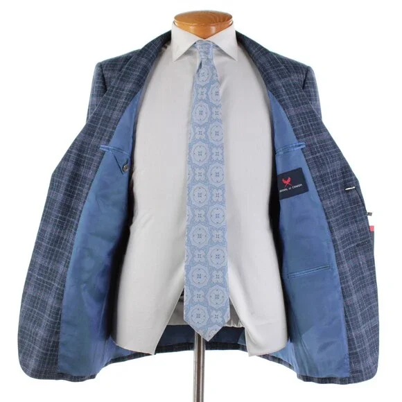 Cardinal of Canada NWT Wool Blend Sport Coat Size 42R US In Blue w/ Coral Plaid